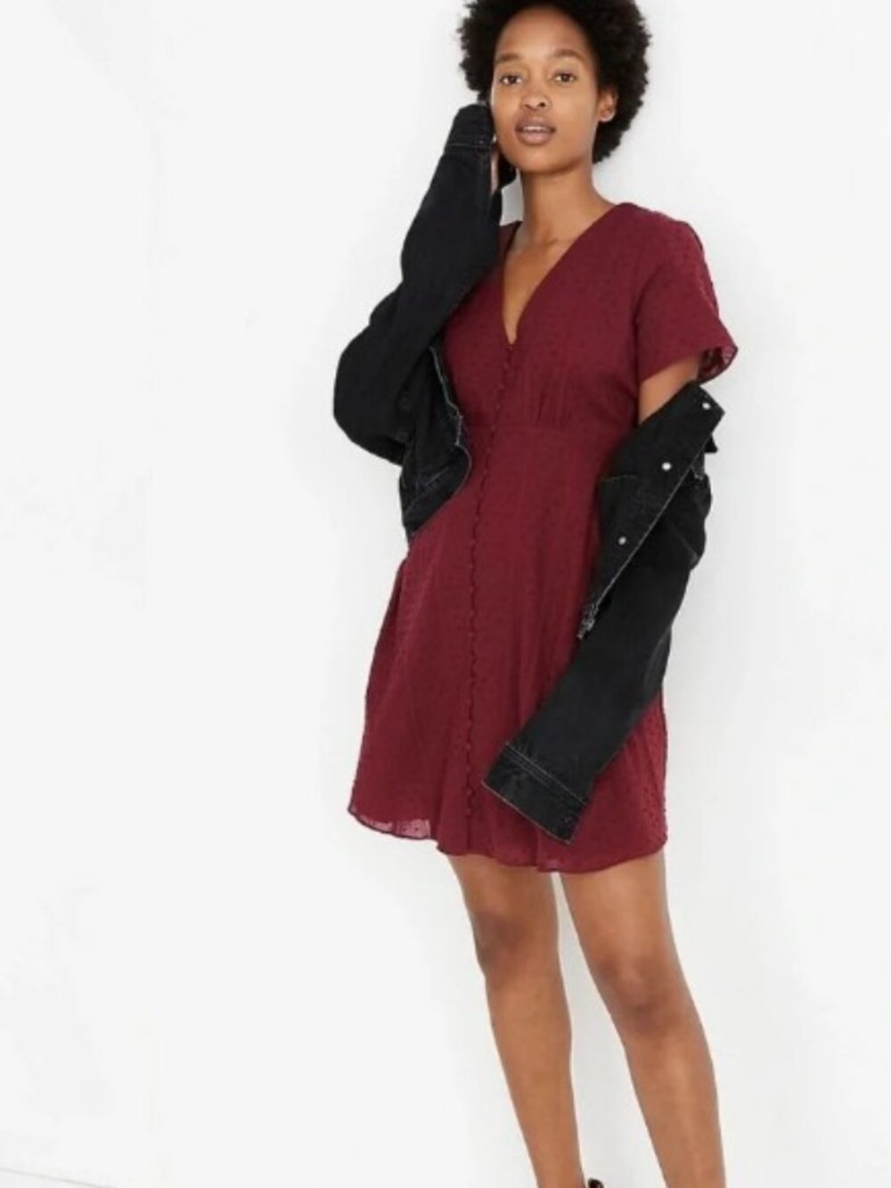 Madewell Button-Front Swing Dress Swiss Dot Burgundy Mini Size 2